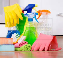Professional cleaning supplies including mop, bucket, and gloves used for janitorial services, office cleaning services, and home cleaning services.